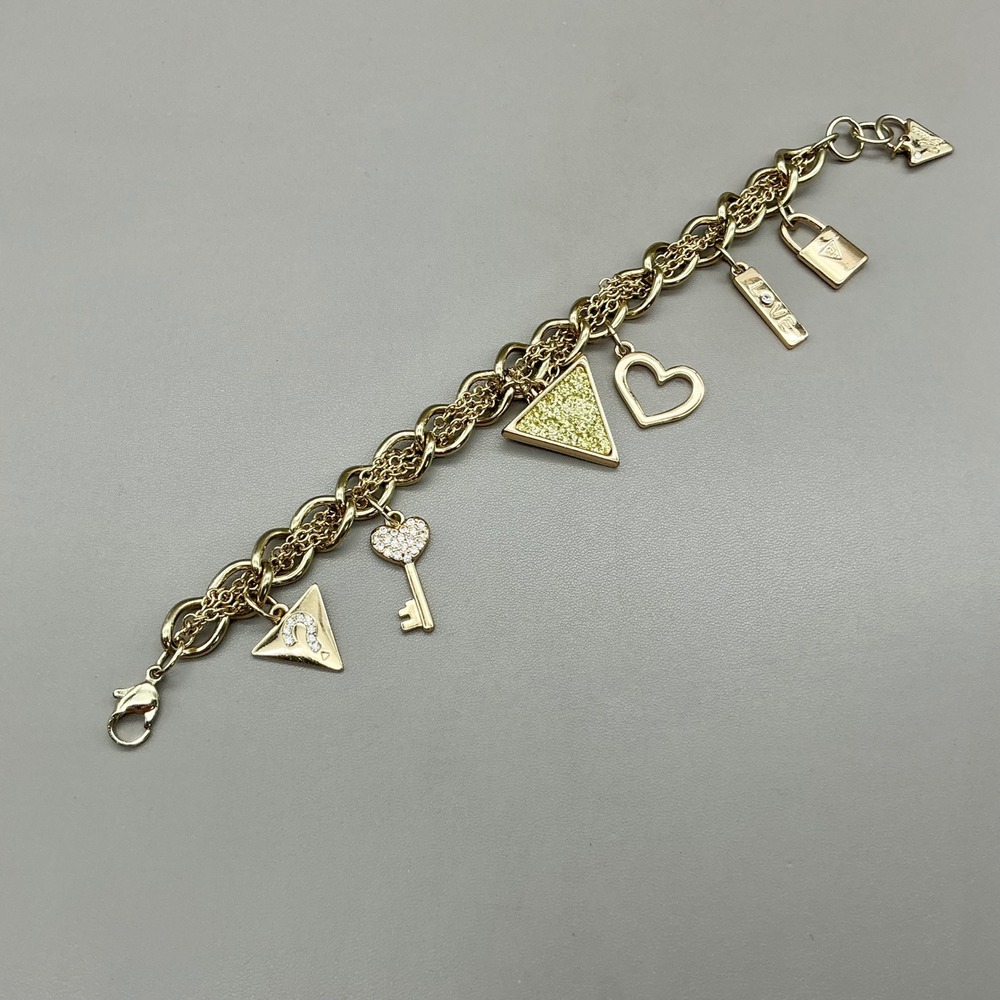 Guess Charm Bracelet Women Gold Tone Multi Chain Heart Key Lock Logo Love Bling